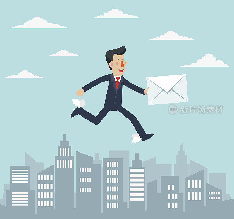 年轻的商人在城市里跑来跑去。邮寄信件、快递服务或电子邮件矢量概念