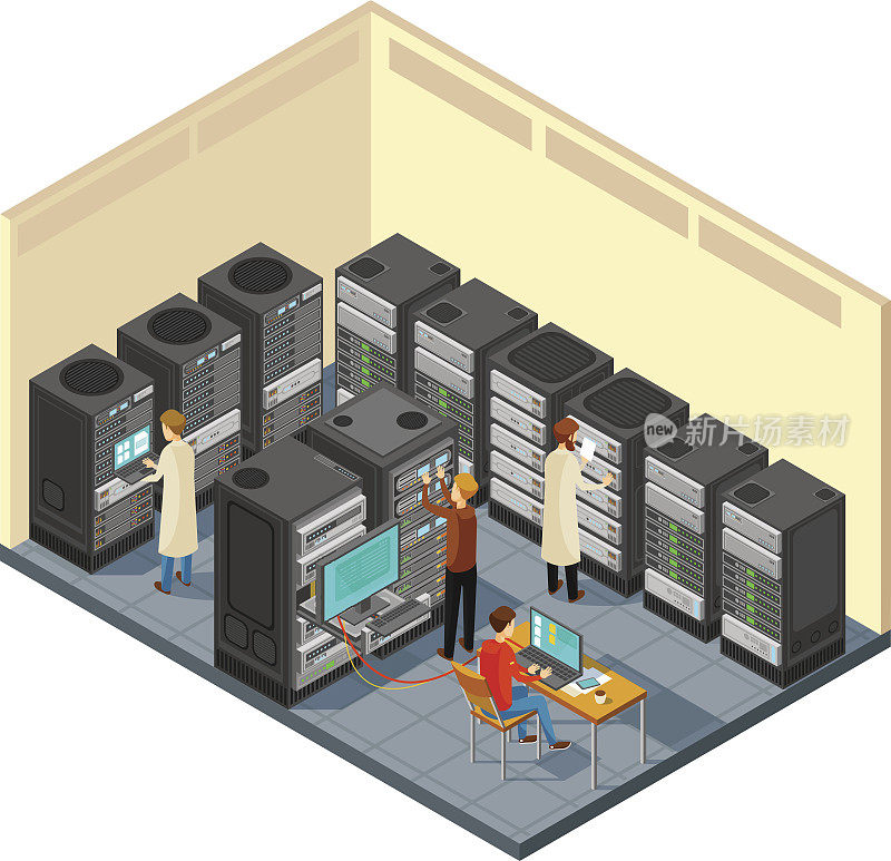 计算机硬件在网络服务器室配备工作人员。等距安全中心矢量插图