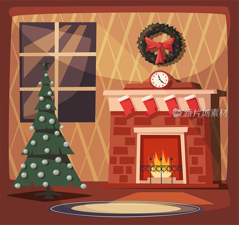 圣诞快乐。壁炉和装饰树。卡通矢量图