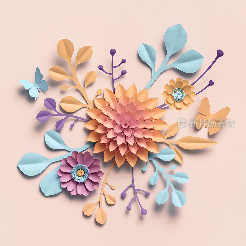 3d渲染，纸花，彩色调色板，植物背景，孤立剪辑艺术，圆形花束，插花
