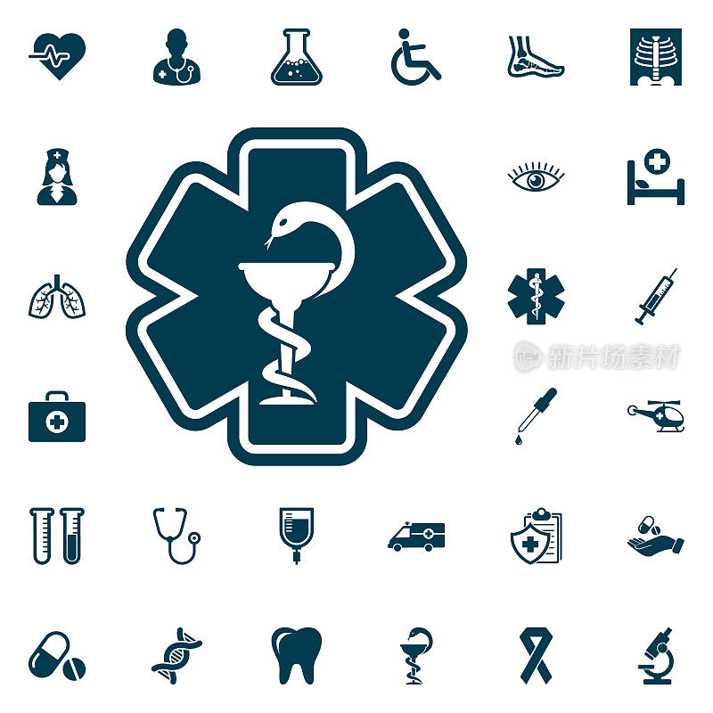 生命之星蛇图标，医疗设置在白色背景。卫生保健媒介插图