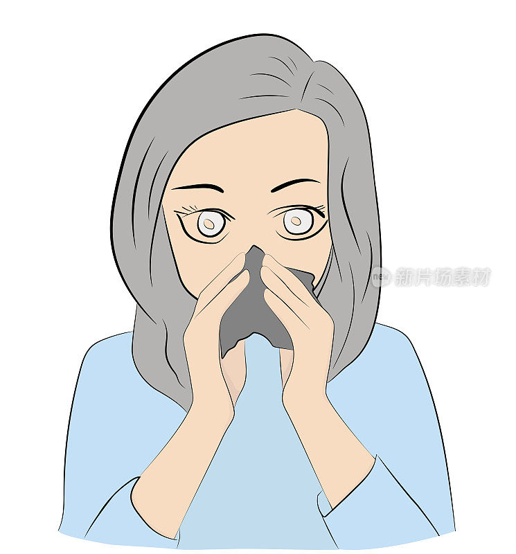 一个拿着手帕的女孩因感冒和过敏而闭合。为医疗设计和信息图手绘卡通矢量插图。