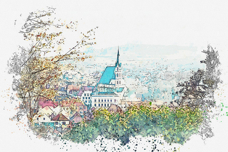 捷克共和国克鲁姆洛夫的传统建筑和教堂的水彩素描或插图