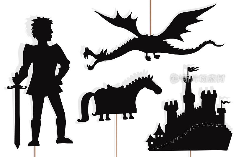 龙、骑士、城堡和马的皮影木偶。