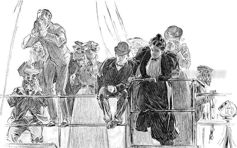 19世纪，在美国康涅狄格州新伦敦的泰晤士河上，人们在为哈佛-耶鲁赛艇比赛欢呼