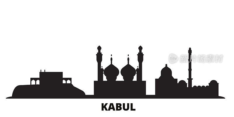 阿富汗，喀布尔城市天际线孤立矢量插图。阿富汗，喀布尔的黑色都市风光
