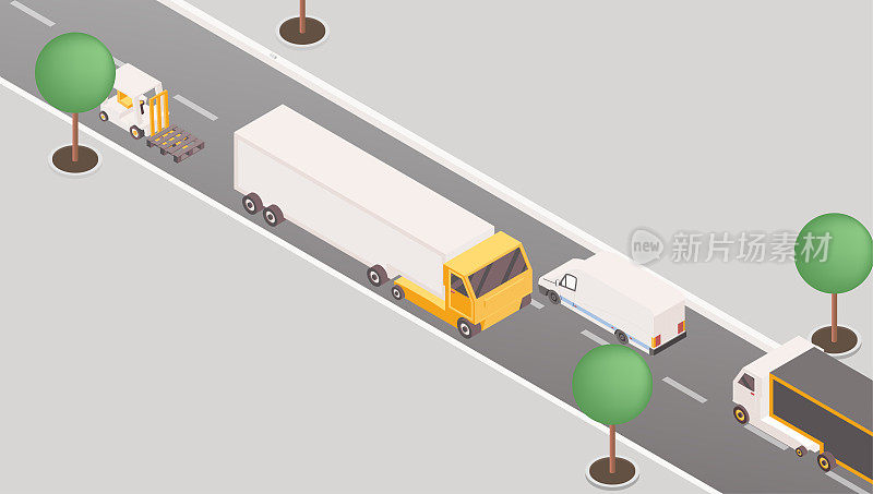 公路上的卡车和货车等距图。3d货运车辆，运输手段，道路交通概念。邮政派送、物流公司国际包裹托运
