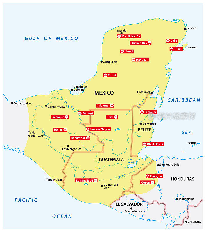 玛雅帝国的地图，上面有中美洲最重要的城市