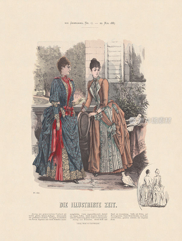 女性时尚，手工着色木刻，1887年出版