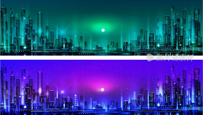 矢量夜市插图霓虹灯和生动的颜色。