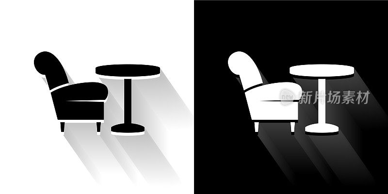 椅子和咖啡桌黑色和白色图标与长影子
