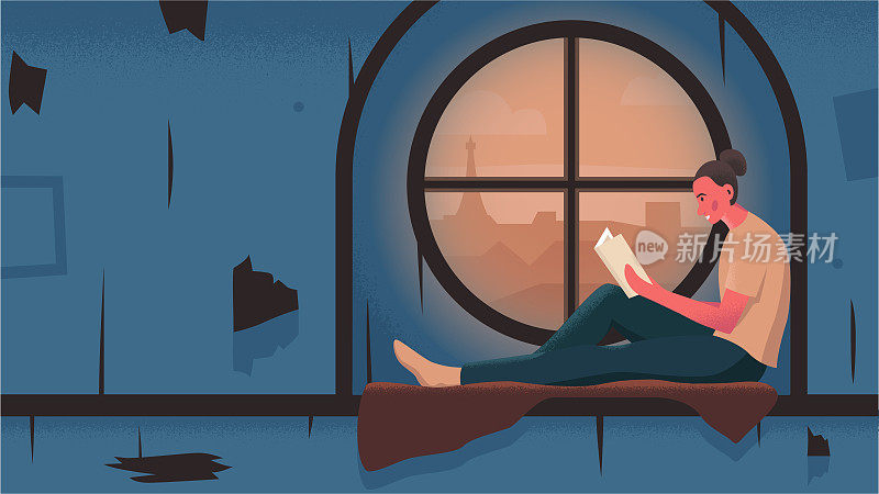 矢量插图的一个女孩坐在窗前与一本书在晚上在一个舒适的房间。一个美丽的女孩在窗台上看书，室内气氛舒适，可以看到城市的夜景