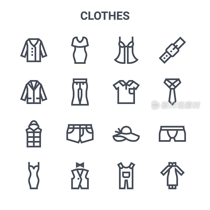一套16服装概念向量线图标。64x64细描如连衣裙、西服、领带、帽子、背心、中式连衣裙、工作服、马球衫、腰带等图标