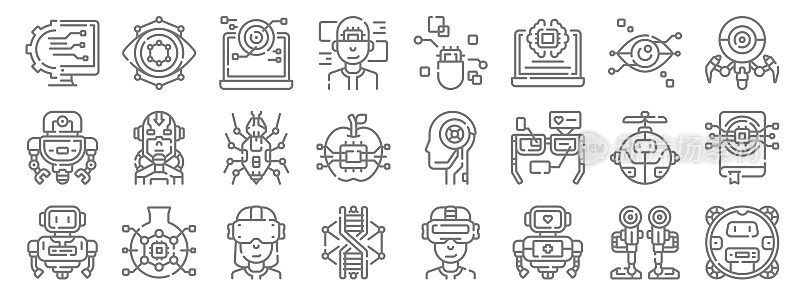 机器人图标。线性集。质量矢量线集如机器人，机器人，dna，机器人，虫子，药丸，眼睛