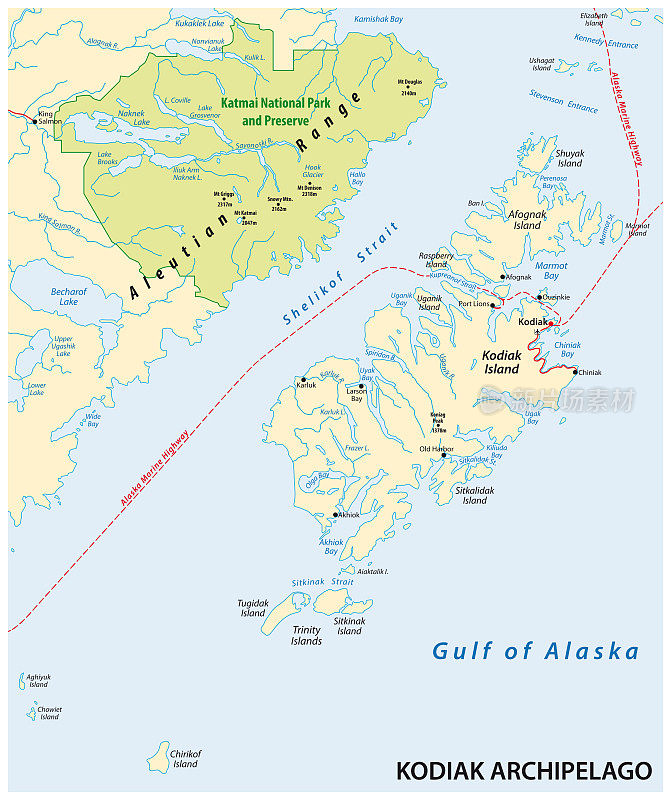 科迪亚克群岛矢量地图属于美国阿拉斯加州