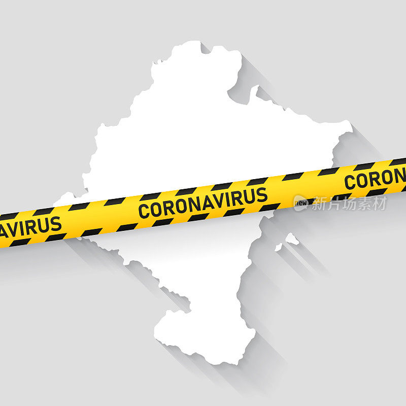 带有冠状病毒警告胶带的纳瓦拉地图。Covid-19爆发