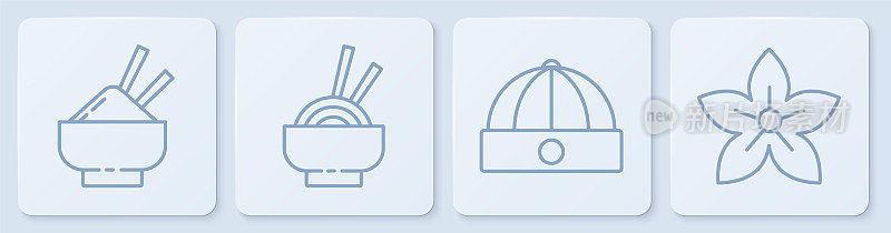 碗里放米饭，配筷子，帽子，碗里放亚洲面条，荷花。白色正方形按钮。向量