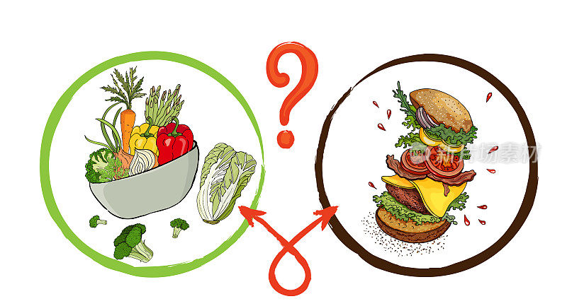 适当的营养和健康的生活方式。蔬菜和汉堡包之间的选择