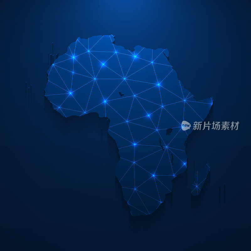 非洲地图网络-明亮的网格在深蓝色的背景