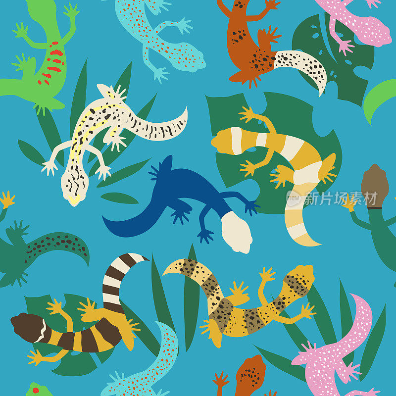 蜥蜴和热带的叶子无缝图案。五颜六色的爬行动物异国情调的插图在蓝色的背景。——矢量