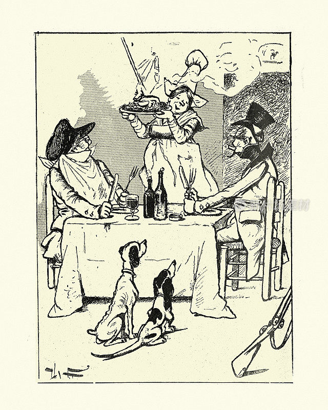 两个男人在吃午饭,烤鸡和酒,还有卡通漫画