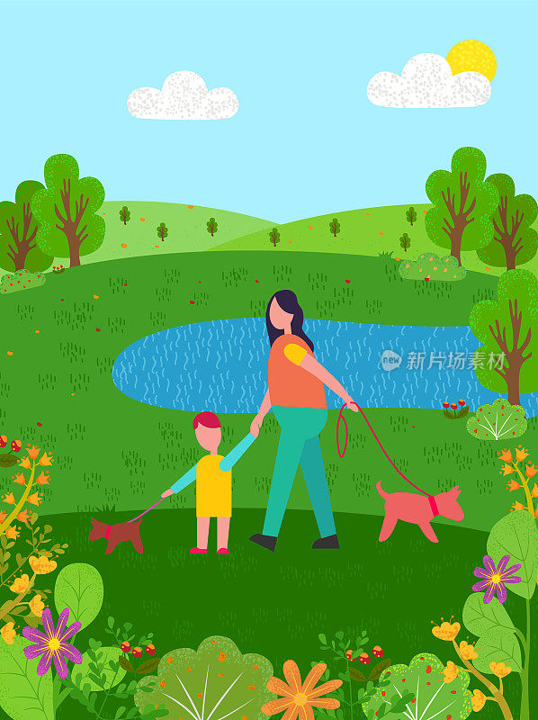 夏日美景，一家人在池塘湖边散步