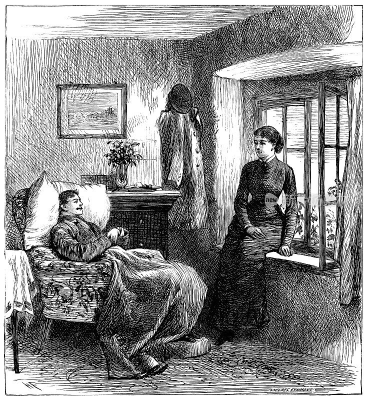维多利亚时代一个正在康复的男人和一个女人说话