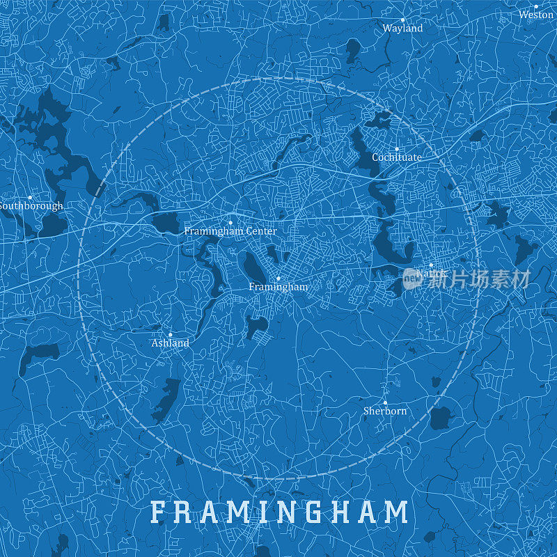弗雷明汉MA城市矢量道路地图蓝色文本