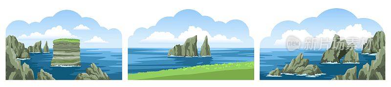 收集海景岩石，悬崖，石头，海岸线，海岸，山脉和蓝天白云。色彩斑斓的美丽风景。矢量插图。“t