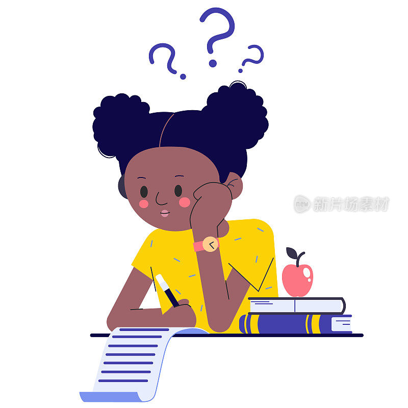 一个女学生在课堂上或考试中思考如何做家庭作业或作业。那个非裔美国女孩在想这件事。带问号的平面矢量插图。