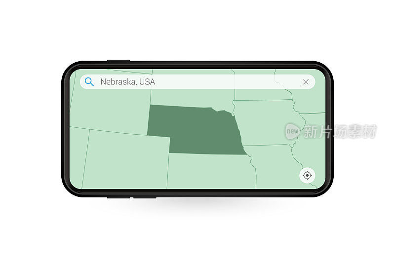 在智能手机地图应用中搜索内布拉斯加州地图。内布拉斯加州手机地图。