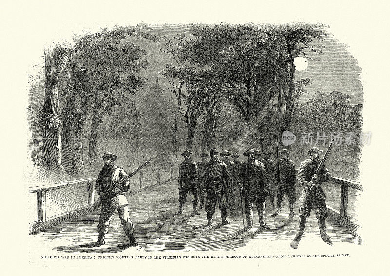 美国内战，联合主义者童子军在弗吉尼亚的树林里，亚历山大附近，1861年，19世纪