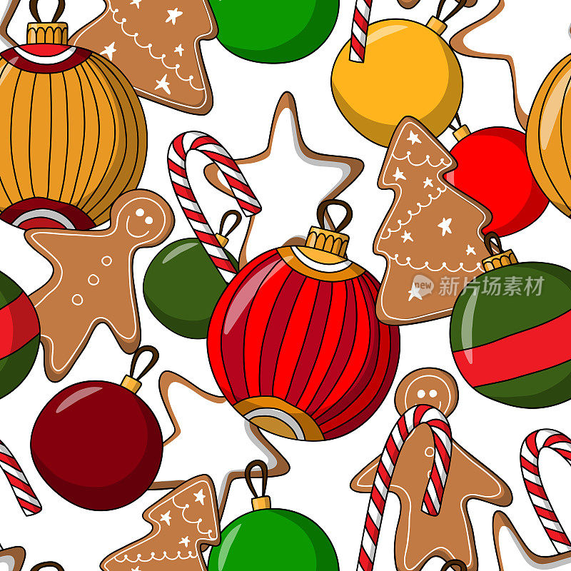 无缝矢量模式的圣诞快乐和新年与姜饼和圣诞球