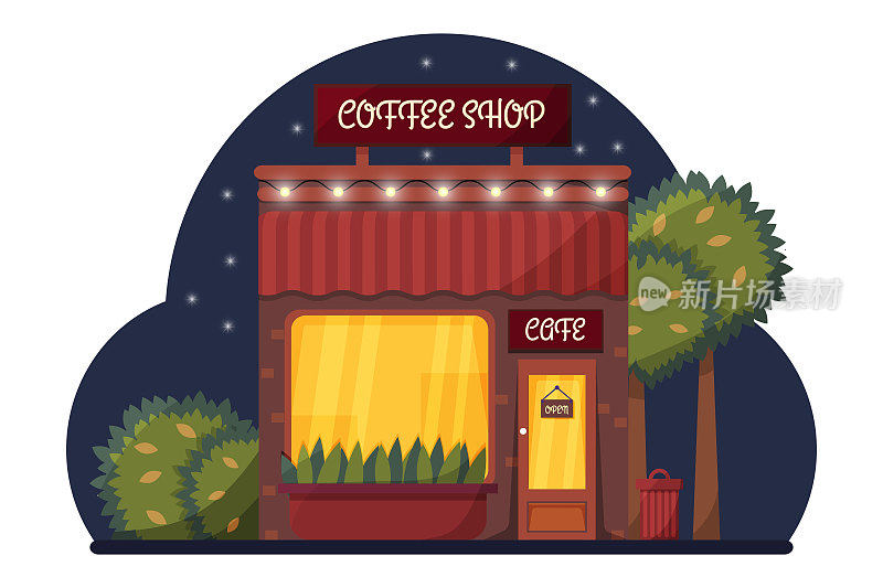 咖啡馆在夜晚的背景插图。舒适的夜晚街道咖啡馆场景平面插图。傍晚的城市街道背景。矢量图