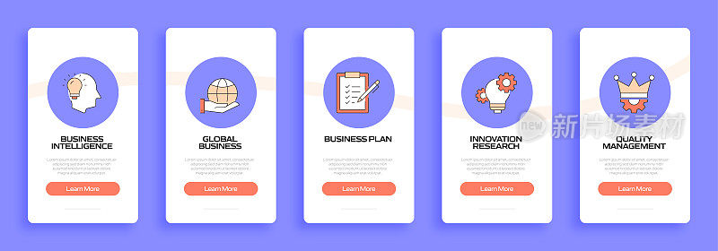 现代商业概念入职移动应用程序页面屏幕与平面图标。UI设计模板矢量插图