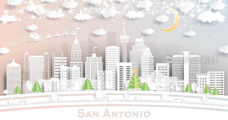 德克萨斯州圣安东尼奥市的天际线剪纸风格与雪花，月亮和霓虹灯花环。