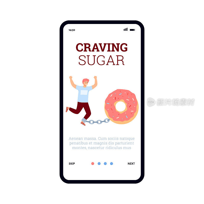 对糖的渴望和不健康的上瘾的登页，矢量插图。