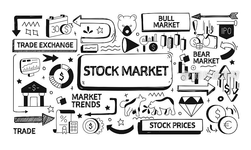 股票市场相关的涂鸦插图。现代设计矢量插图的网站横幅，网站标题等。