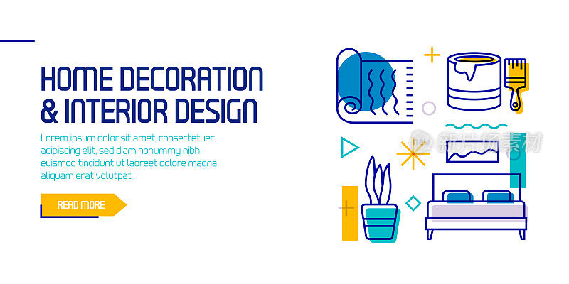 家居装饰与室内设计相关的设计元素。带有轮廓图标的图案设计。色彩斑斓的矢量图