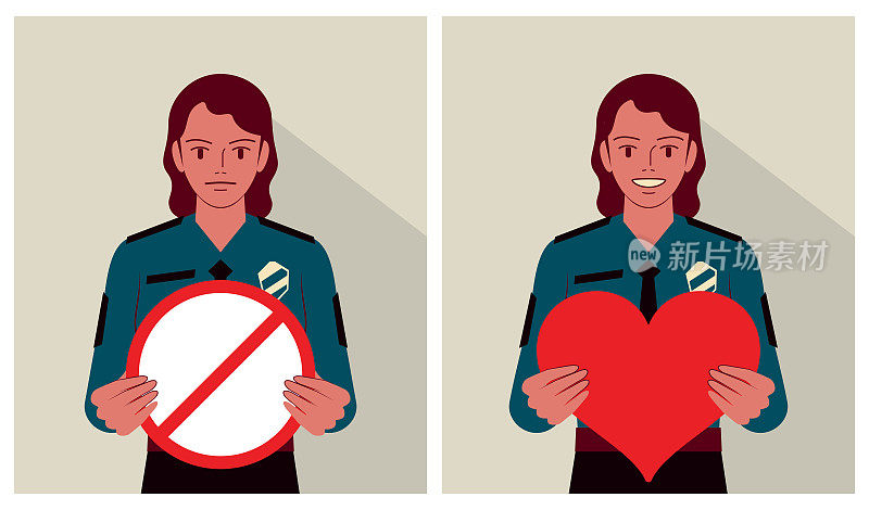 一名年轻的女警官手持心形标牌和禁行标牌
