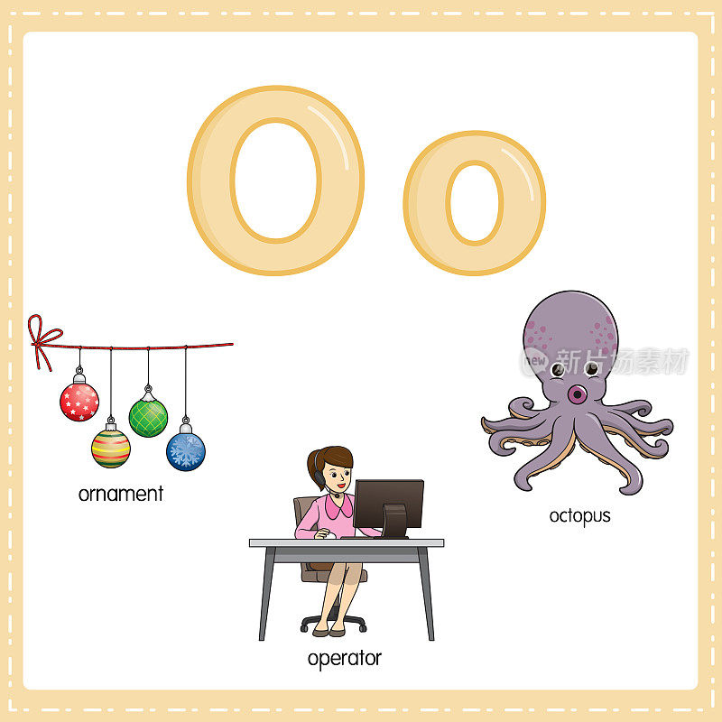 向量插图学习字母O的小写和大写的儿童与3卡通图像。章鱼点缀算子。