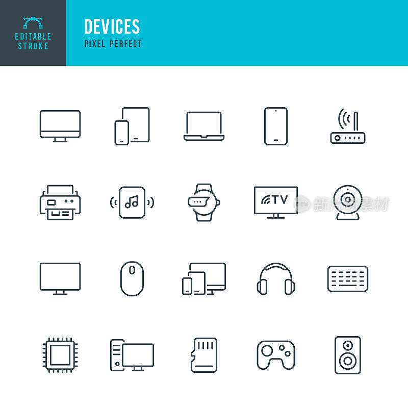 设备-细线矢量图标集。像素完美。可编辑的中风。该集合包含图标:台式电脑，笔记本电脑，数字平板电脑，智能电视，智能手机，智能扬声器，智能手表。