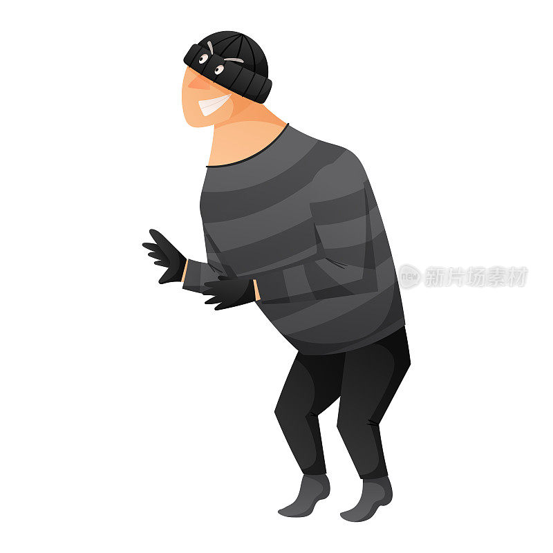 一个穿着黑色衣服，戴着巴拉克拉瓦帽和手套的卡通小偷或骗子，踮着脚尖微笑着。