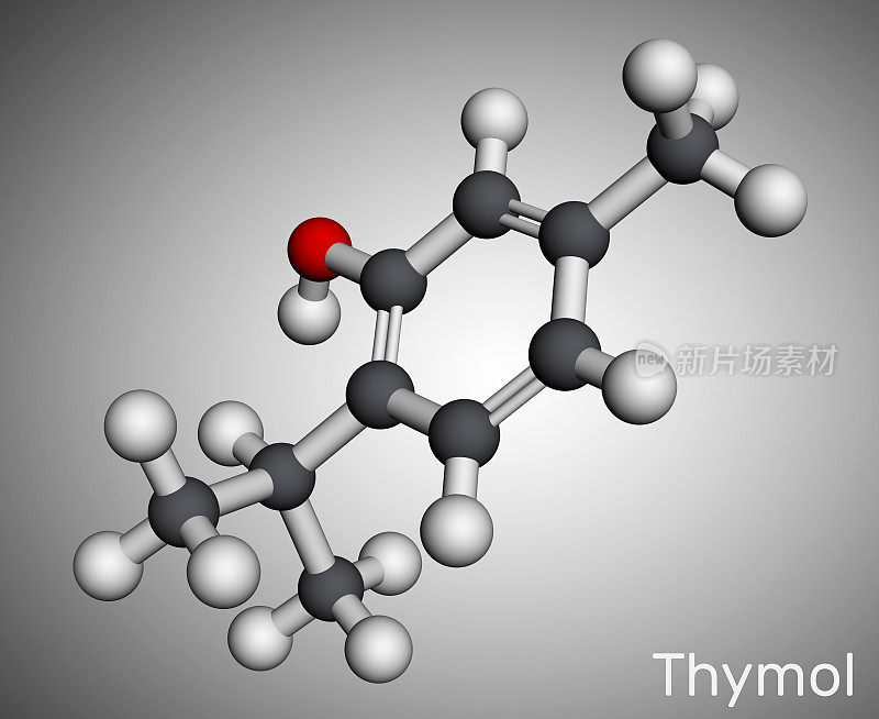 麝香草酚、IPMP分子。它是苯酚，是异花烃的天然单萜衍生物。从百里香油或其他挥发油中提取的。分子模型。三维渲染