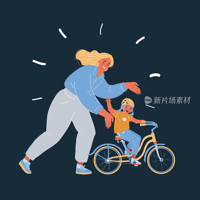 矢量插图的母亲教女孩骑自行车在黑暗的背景。