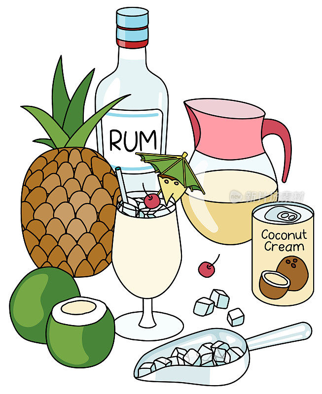 涂鸦卡通加勒比皮纳和成分组成。一瓶白朗姆酒，新鲜菠萝和椰子，椰子奶油和菠萝汁。为酒吧菜单，贴纸或酒精烹饪书食谱。