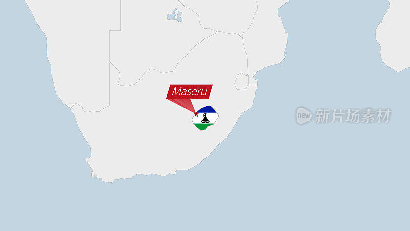 莱索托地图用莱索托国旗的颜色和首都马塞卢的徽章标出。
