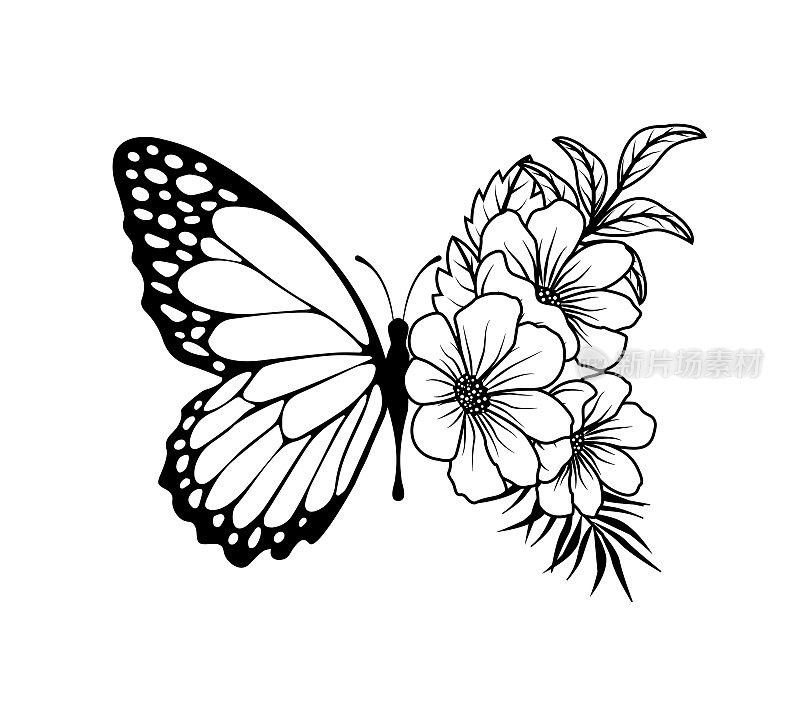 蝴蝶与花的翅膀，矢量设计的时尚和海报印刷，纹身设计