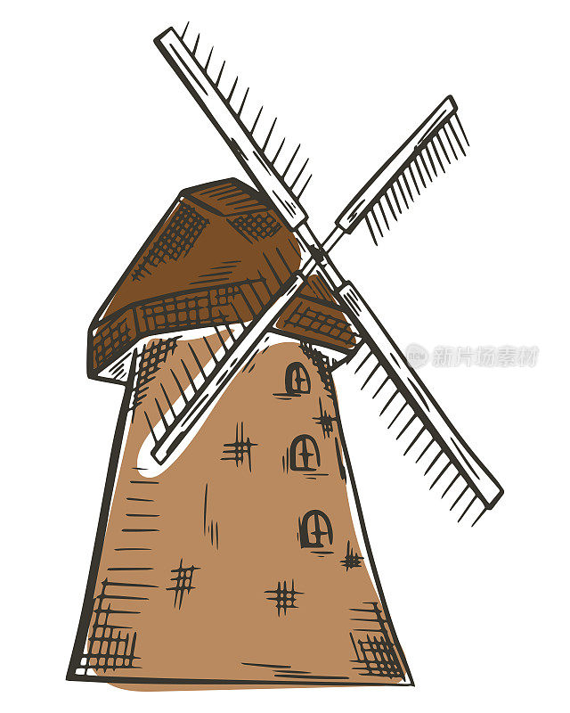 风车向量。老式木质传统谷物磨机。颜色草图农业