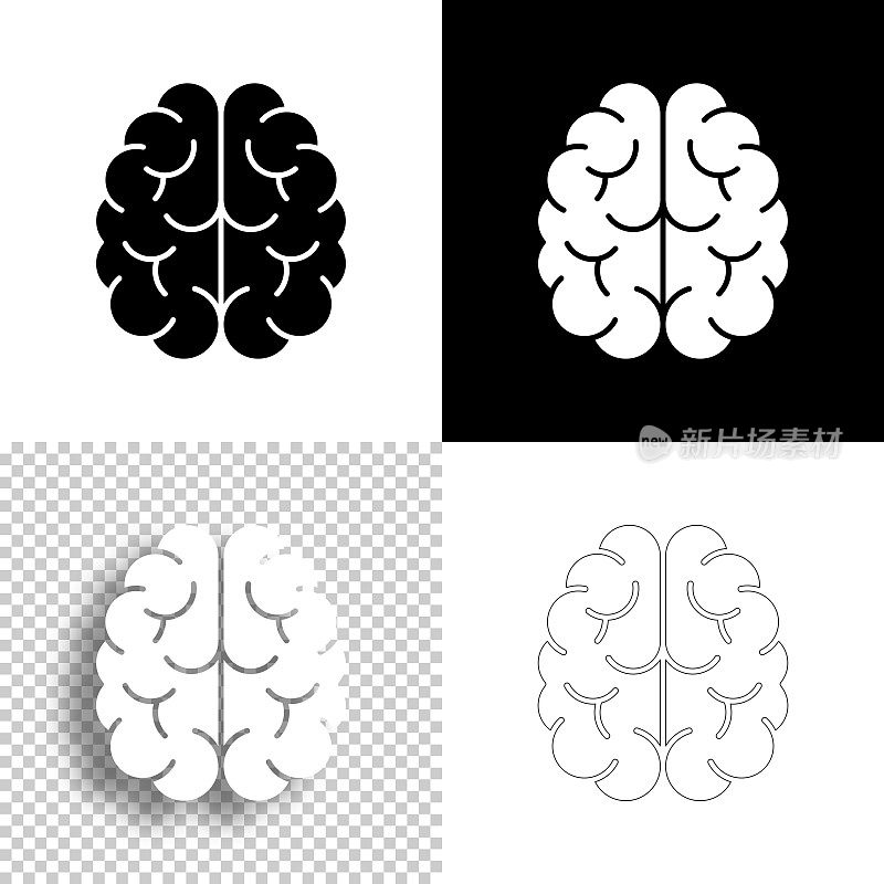 大脑在俯视图。图标设计。空白，白色和黑色背景-线图标